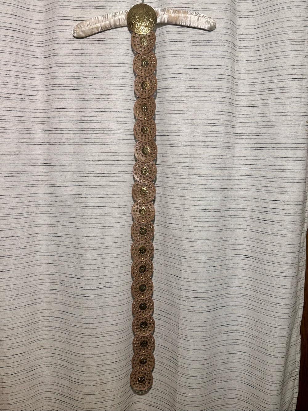 Vintage Boho Leather Concho Belt in Tan with Gold Accents